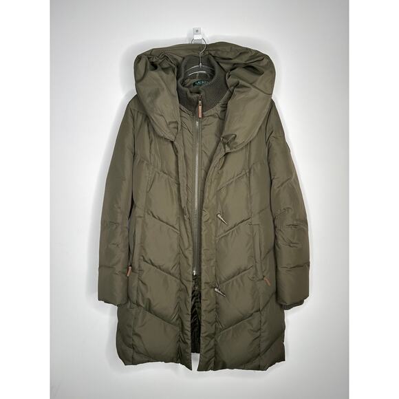 2010s Lauren Ralph Lauren Down Puffer Coat Shawl Collar Hood Olive Green Medium - Picture 5 of 14